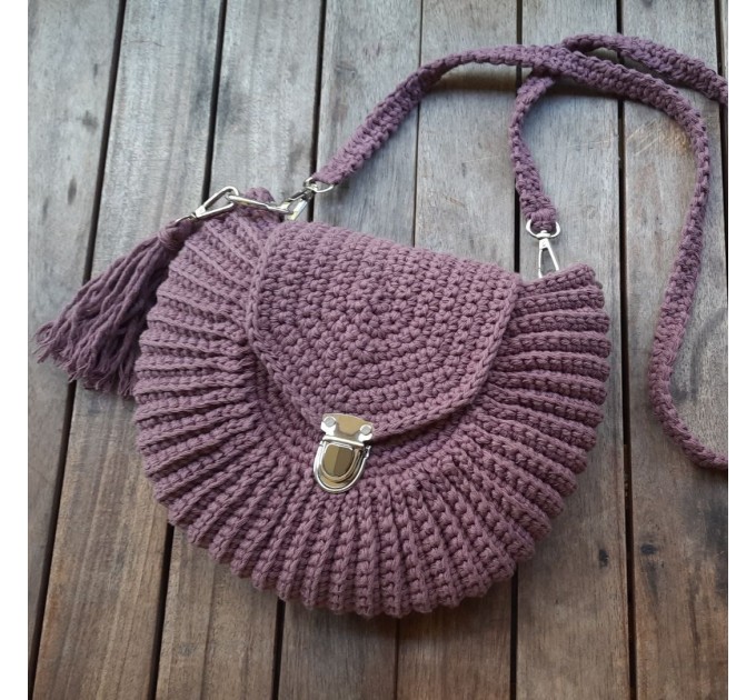 Crochet purse, plum crossbody round bag, handmade shoulder bag
