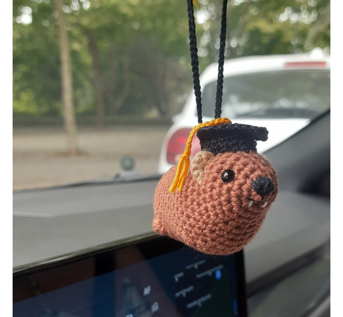 Adorable handmade crochet Awawa wearing a graduation cap, navy cap, or Luffy straw hat, cute hyrax keychain, bag charm, or rear view mirror charm gift
