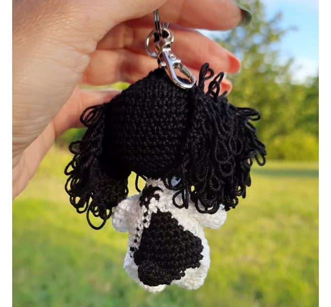 Black and white crochet spaniel rear view mirror car hanging charm, cute keychain, bag or backpack pendant