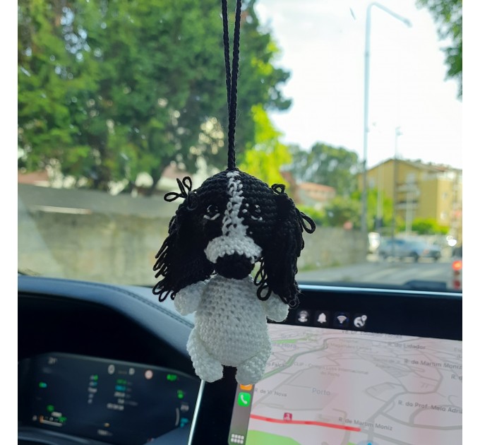 Black and white crochet spaniel rear view mirror car hanging charm, cute keychain, bag or backpack pendant