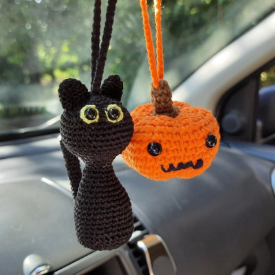 Black cat car charm and Halloween pumpkin