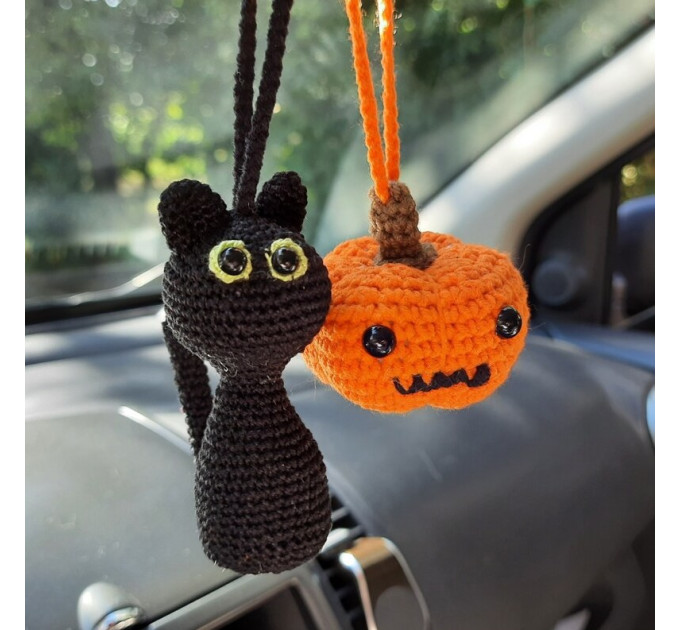 Black cat car charm and Halloween pumpkin