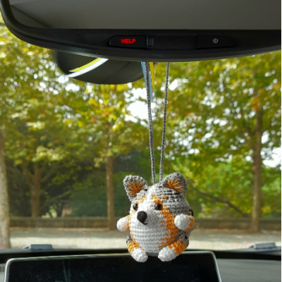 Blue Merle Corgi crochet cute car accessory, rear view mirror charm, keychain, backpack pendant