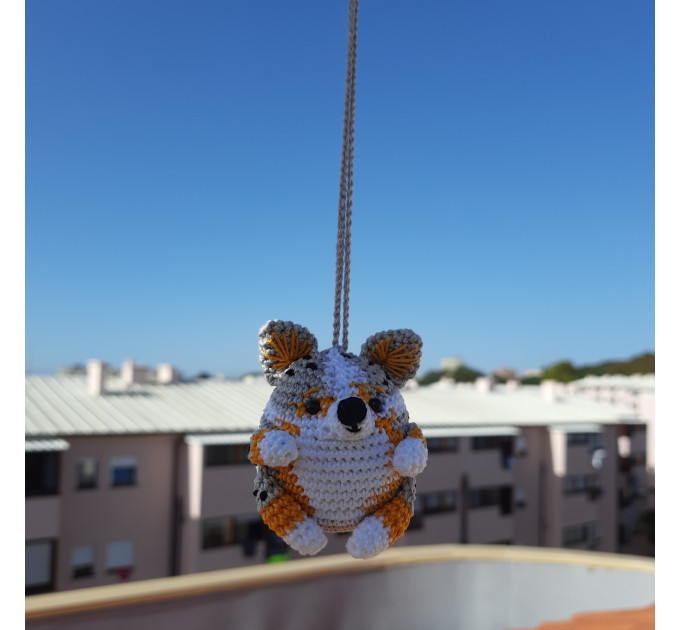 Blue Merle Corgi crochet cute car accessory, rear view mirror charm, keychain, backpack pendant