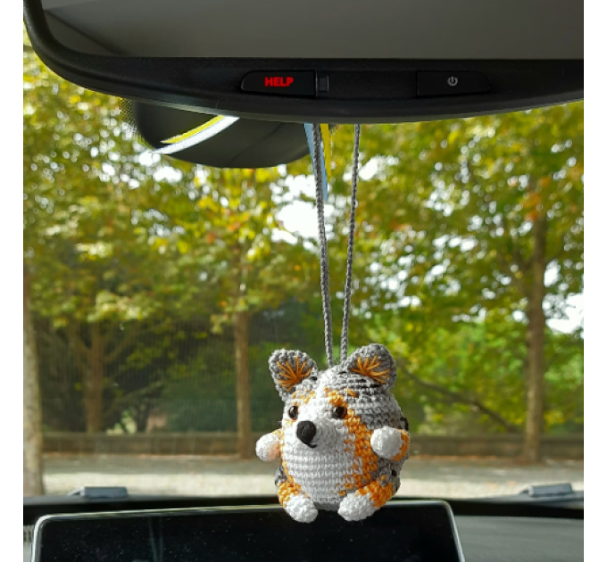 Blue Merle Corgi crochet cute car accessory, rear view mirror charm, keychain, backpack pendant