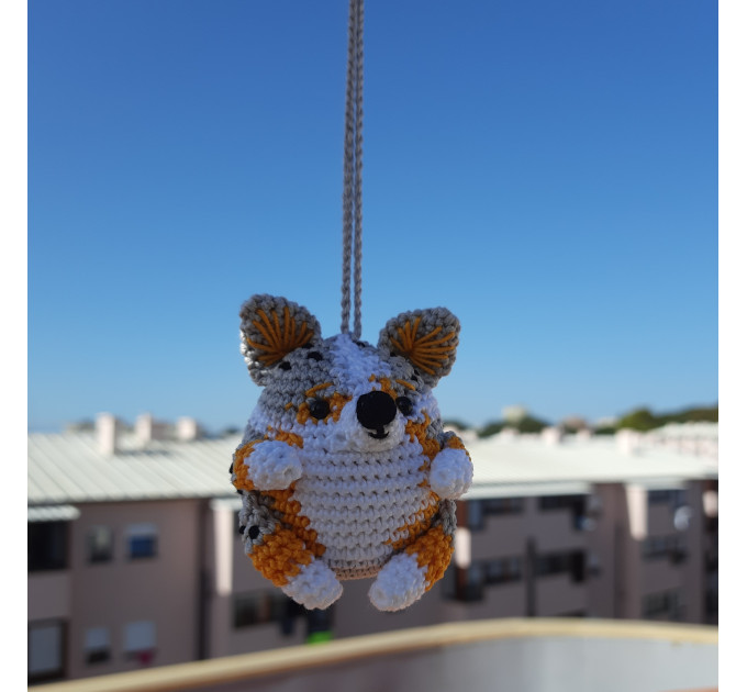 Blue Merle Corgi crochet cute car accessory, rear view mirror charm, keychain, backpack pendant