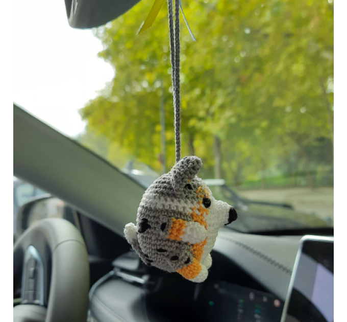 Blue Merle Corgi crochet cute car accessory, rear view mirror charm, keychain, backpack pendant