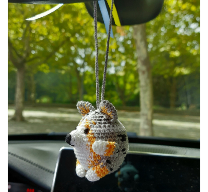 Blue Merle Corgi crochet cute car accessory, rear view mirror charm, keychain, backpack pendant