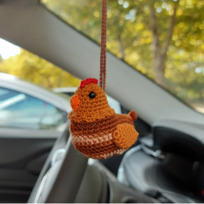 Brown small chicken crochet cute car accessory, rear view mirror