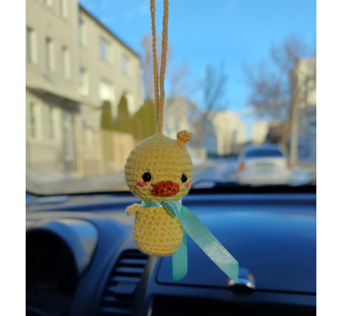 Cute car accessories for rear view mirror: crochet Easter bunny and chick car charms