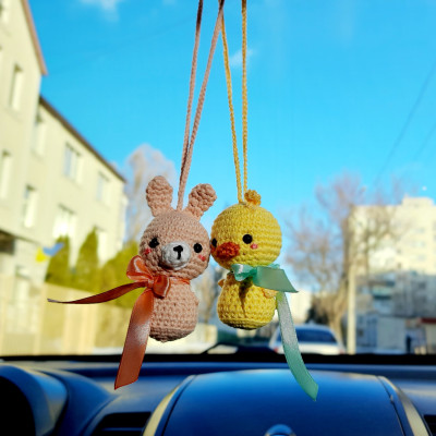 Cute car accessories for rear view mirror: crochet Easter bunny and chick car charms