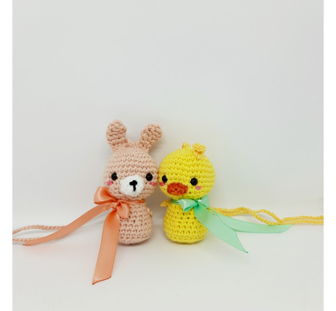 Cute car accessories for rear view mirror: crochet Easter bunny and chick car charms