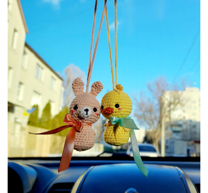 Cute car accessories for rear view mirror: crochet Easter bunny and chick car charms