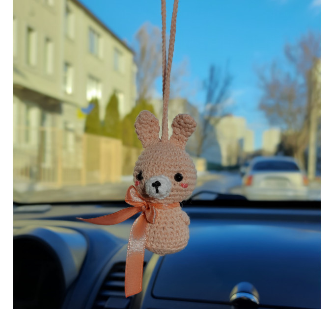 Cute car accessories for rear view mirror: crochet Easter bunny and chick car charms