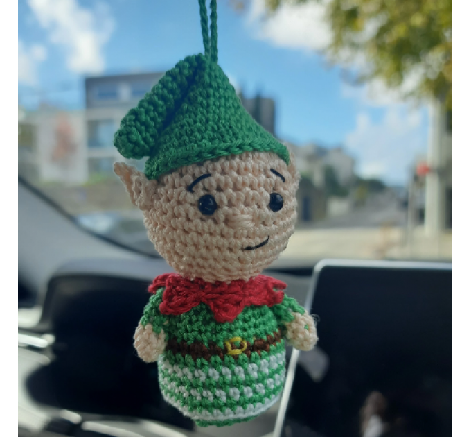 Christmas crochet elf, cute car charm for rearview mirror, Xmas tree toy