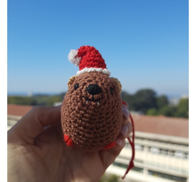 Christmas style Awawa wearing Xmas sweater, hat or reindeer, cute crochet Hyrax keychain, bag charm or rear view mirror car accessory