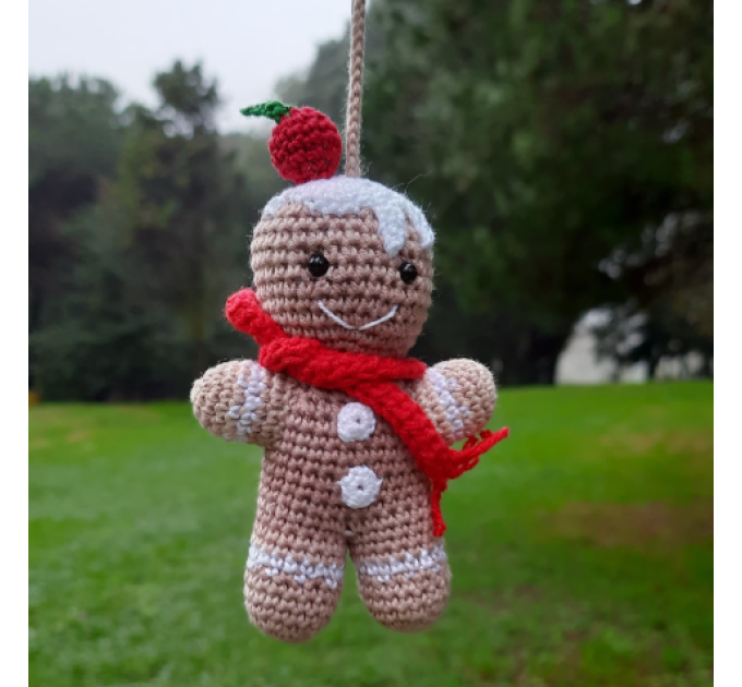 Crochet Gingerbread man for rear view mirror car charm Xmas tree hanging ornament
