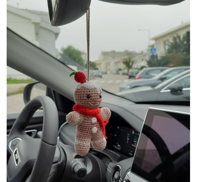 Crochet Gingerbread man for rear view mirror car charm Xmas tree hanging ornament