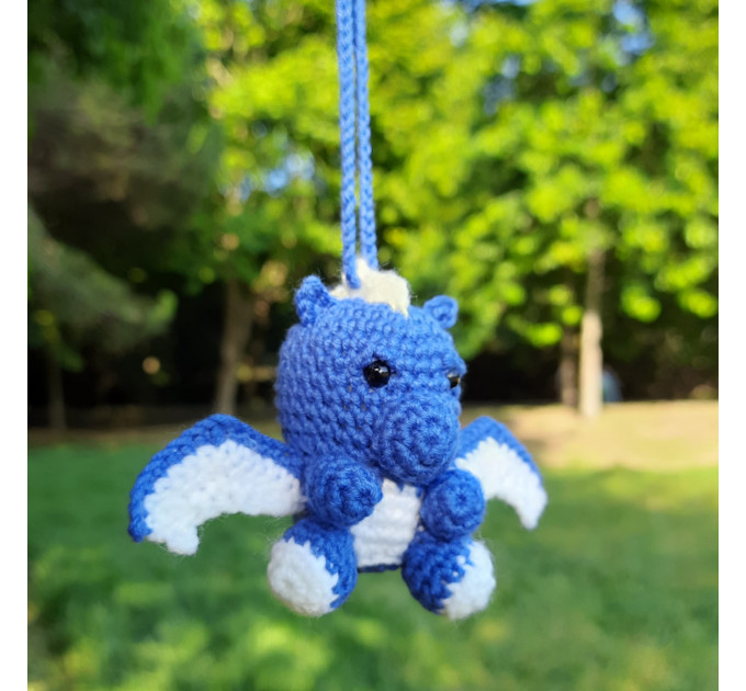 Crochet blue dragon car charm for rear view mirror, cute keychain, backpack pendant, FC Porto symbol