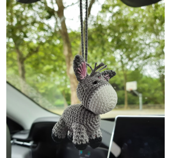 Crochet donkey charm, hanging car accessory for rear view mirror, keychain, backpack pendant