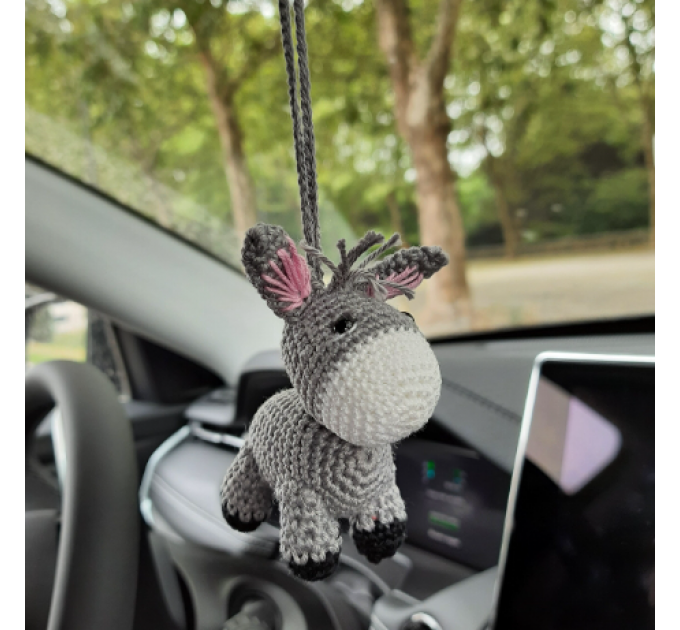 Crochet donkey charm, hanging car accessory for rear view mirror, keychain, backpack pendant