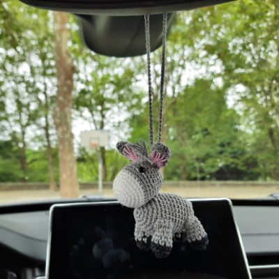 Crochet donkey charm, hanging car accessory for rear view mirror, keychain, backpack pendant