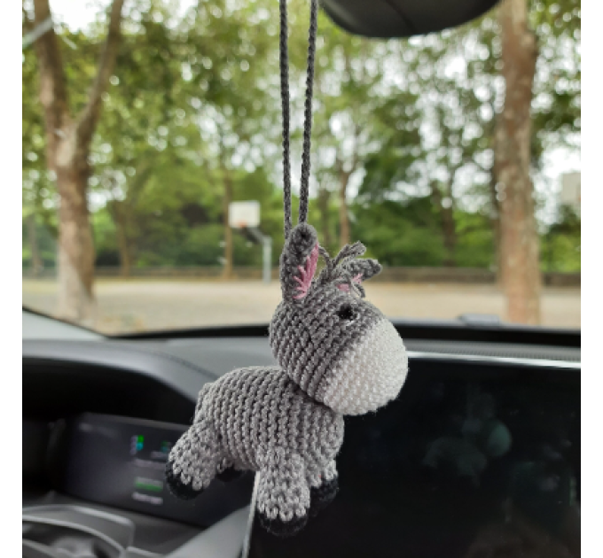 Crochet donkey charm, hanging car accessory for rear view mirror, keychain, backpack pendant