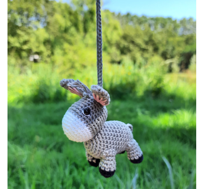 Crochet donkey charm, hanging car accessory for rear view mirror, keychain, backpack pendant