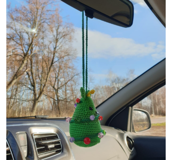 Crochet green cat Xmas tree car charm