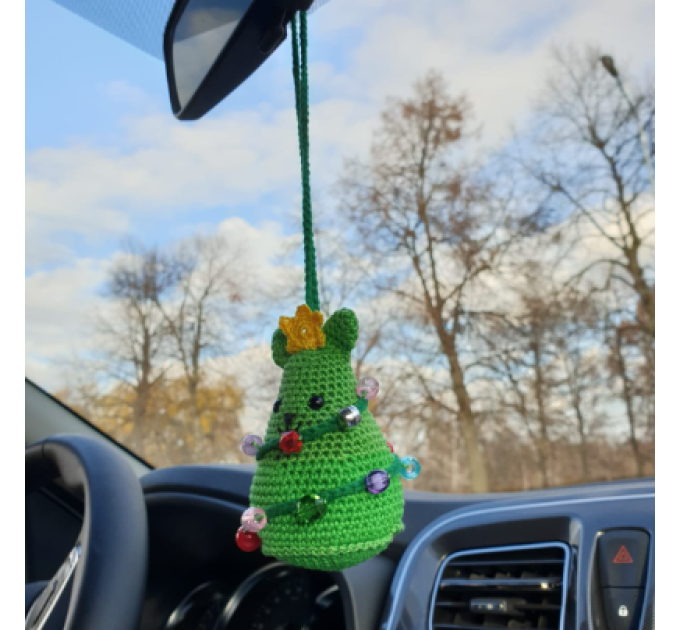 Crochet green cat Xmas tree car charm