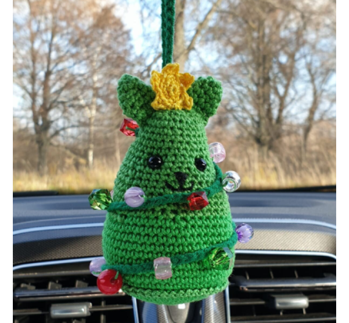 Crochet green cat Xmas tree car charm
