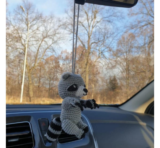 Crochet raccoon car charm rear view mirror, Xmas tree toy, backpack pendant,  cute keychain