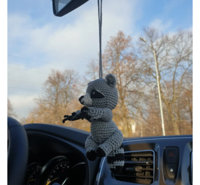 Crochet raccoon car charm rear view mirror, Xmas tree toy, backpack pendant, cute keychain