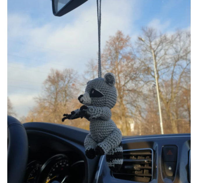 Crochet raccoon car charm rear view mirror, Xmas tree toy, backpack pendant,  cute keychain