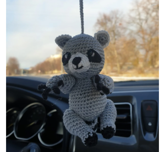 Crochet raccoon car charm rear view mirror, Xmas tree toy, backpack pendant, cute keychain