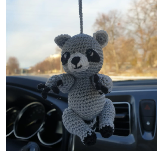 Crochet raccoon car charm rear view mirror, Xmas tree toy, backpack pendant,  cute keychain