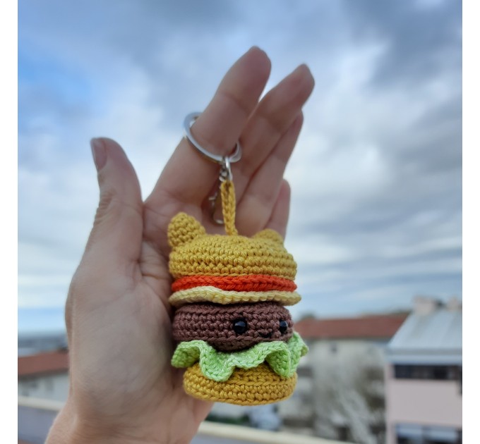 Crochet sandwich-bear, cute car charm for rear view mirror, keychain, backpack pendant