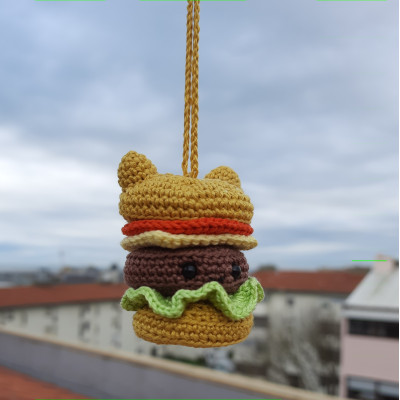 Crochet sandwich-bear, cute car charm for rear view mirror, keychain, backpack pendant