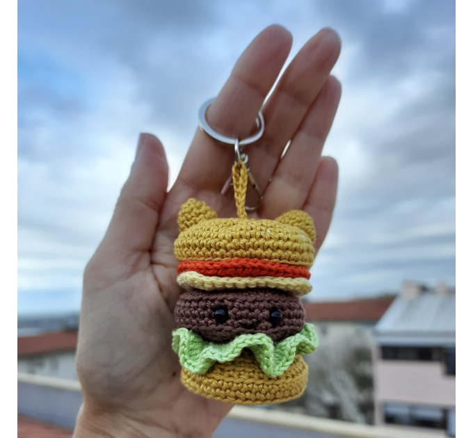 Crochet sandwich-bear, cute car charm for rear view mirror, keychain, backpack pendant