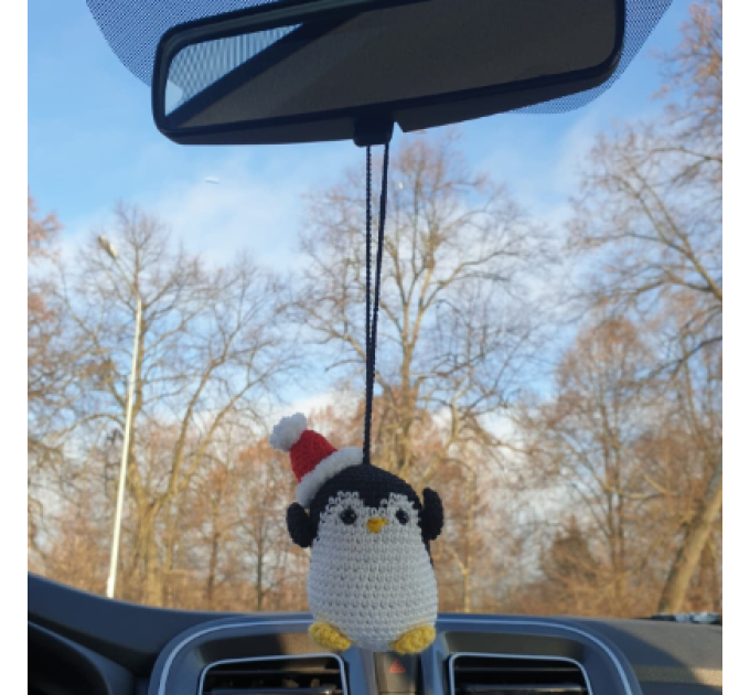Crochet small Xmas penguin, rear view mirror car charm, backpack pendant, Christmas tree toy