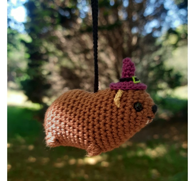 Halloween style Hyrax, handmade crochet awawa animal with Witch hat, Top hat, Pumpkin hat, unique rear view mirror charm, bag accessory, or keychain