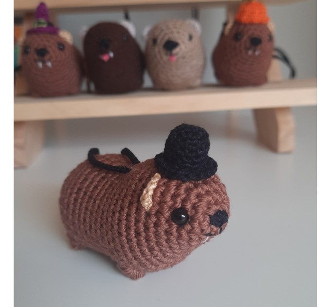 Halloween style Hyrax, handmade crochet awawa animal with Witch hat, Top hat, Pumpkin hat, unique rear view mirror charm, bag accessory, or keychain