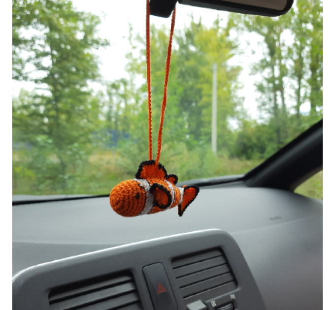 Hanging clown fish for rear view mirror Crochet car accessories, cute keychain, crochet backpack pendant