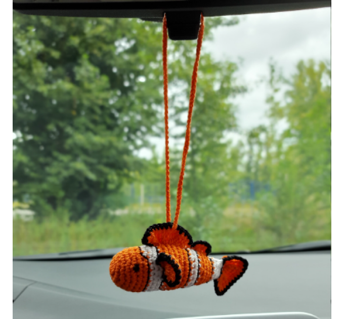 Hanging clown fish for rear view mirror Crochet car accessories, cute keychain, crochet backpack pendant