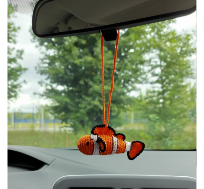 Hanging clown fish for rear view mirror Crochet car accessories, cute keychain, crochet backpack pendant