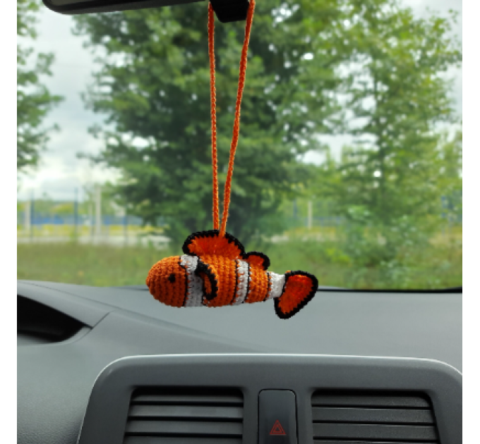 Hanging clown fish for rear view mirror Crochet car accessories, cute keychain, crochet backpack pendant