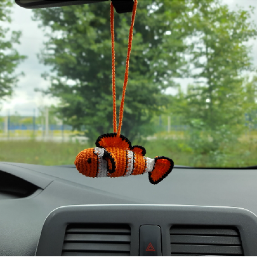 Hanging clown fish for rear view mirror Crochet car accessories, cute  keychain, crochet backpack pendant