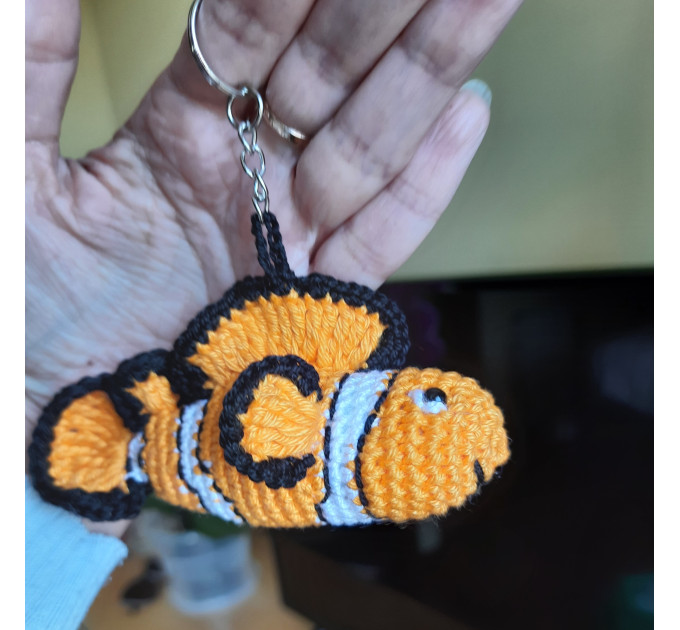 Hanging clown fish for rear view mirror Crochet car accessories, cute keychain, crochet backpack pendant