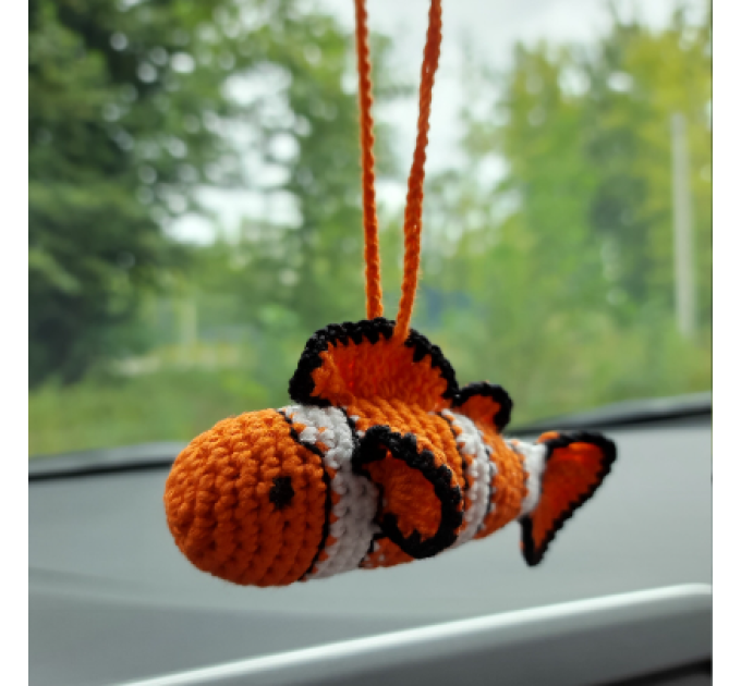 Hanging clown fish for rear view mirror Crochet car accessories, cute keychain, crochet backpack pendant