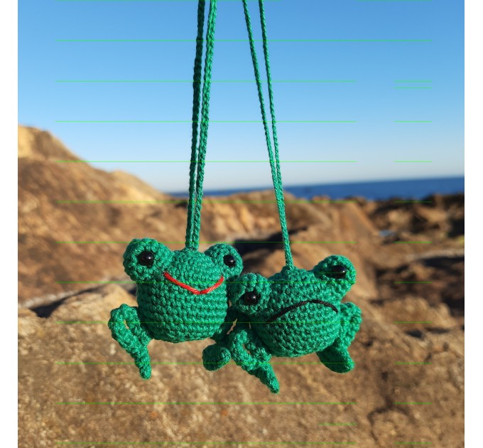 Hanging crochet frog for rear view mirror, cute car charm, keychain, backpack pendant